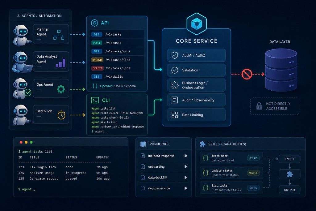 Agentes conectados a API y CLI que enrutan hacia un Core Service; la base de datos no es accesible directamente.