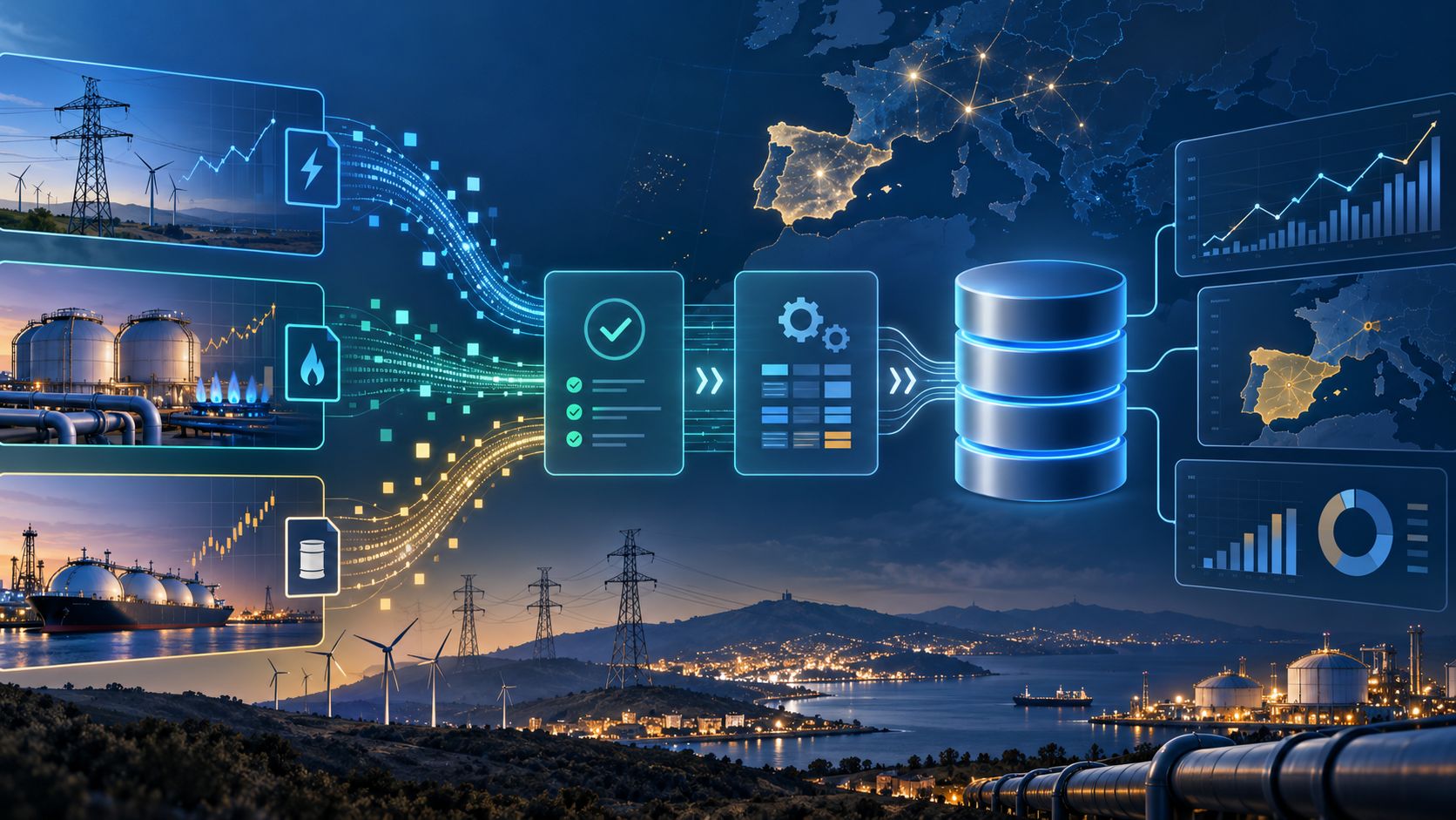 Fuentes de electricidad, gas y petróleo convergen en validaciones y una base de datos que alimenta gráficos del mercado energético europeo.