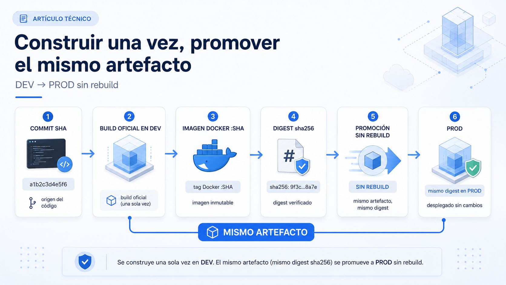 Cadena desde commit SHA y build oficial hasta imagen Docker, digest sha256, promoción sin rebuild y el mismo digest en PROD.