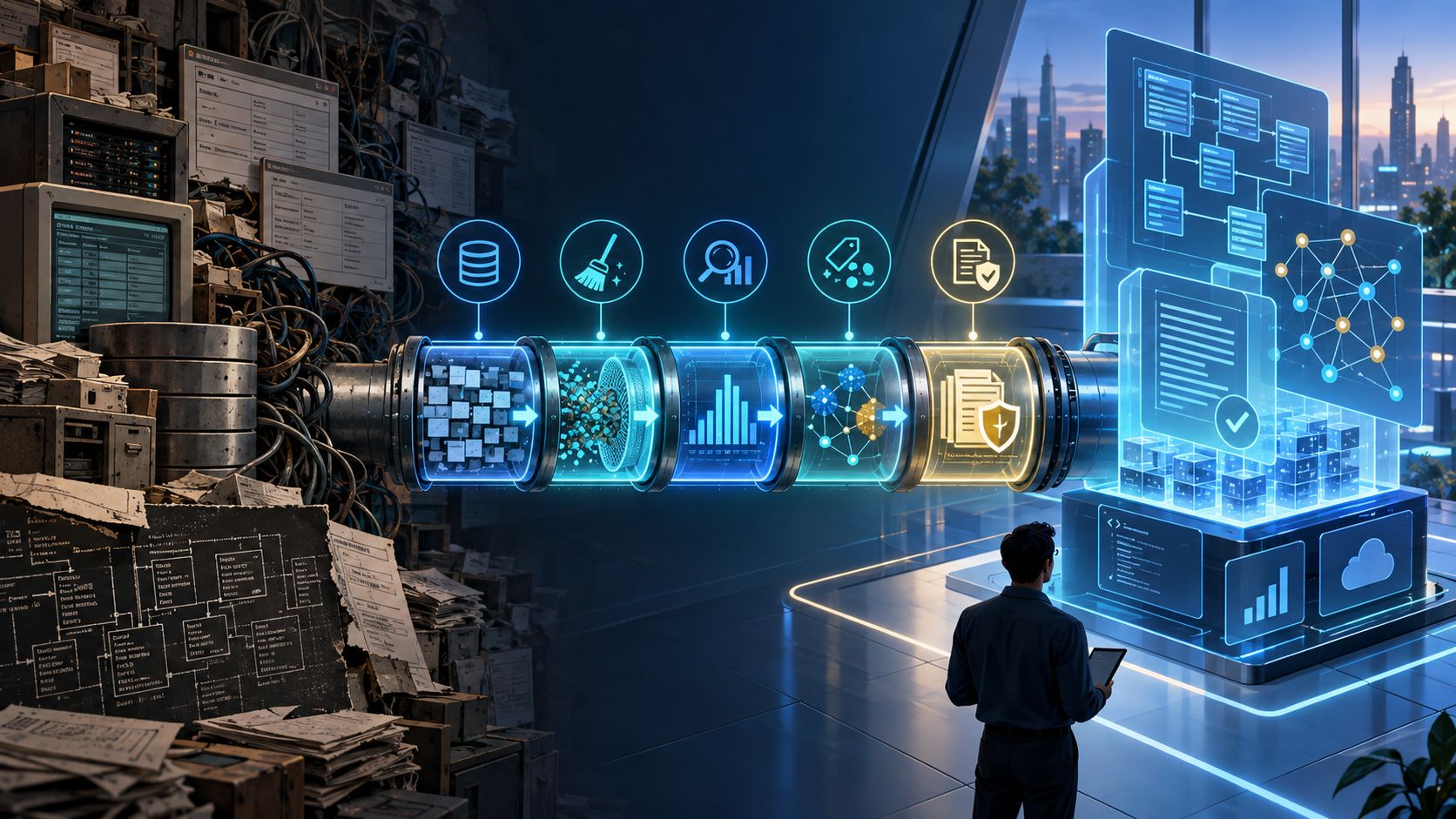 Un sistema heredado atraviesa etapas de inventario, limpieza, análisis y clasificación hasta producir documentación y relaciones estructuradas.