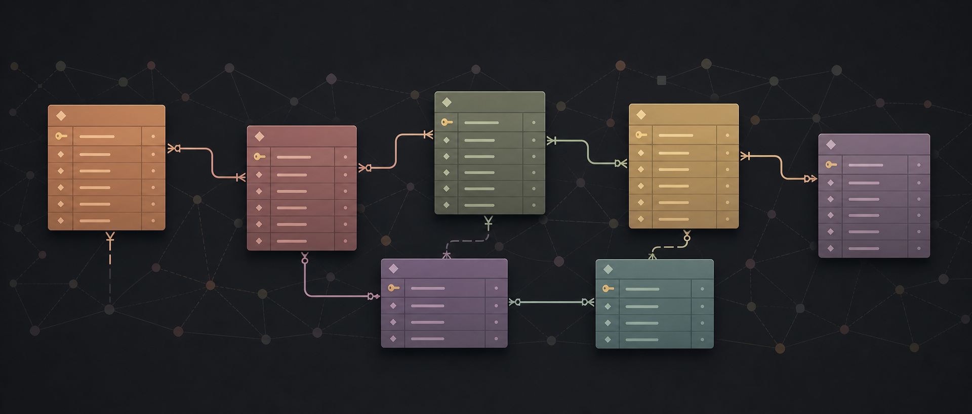 Stylised relational database tables connected by foreign-key relationships.
