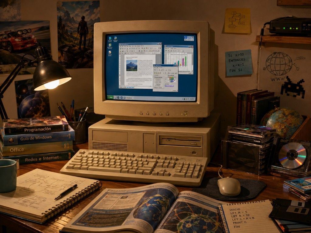 Escritorio doméstico de los noventa con un PC beige, monitor CRT, teclado y ratón; libros de programación y Windows, disquetes, CDs y cuadernos con código BASIC sobre la mesa.